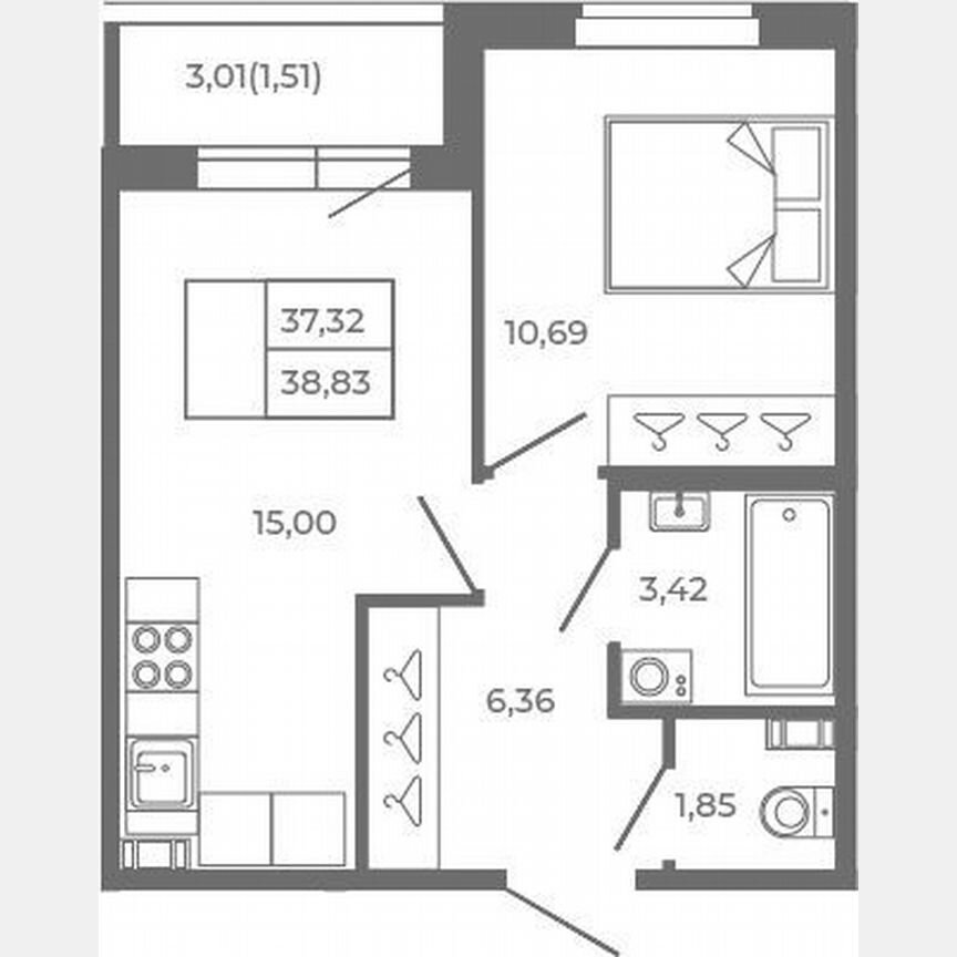 1-к. квартира, 37,3 м², 1/4 эт.