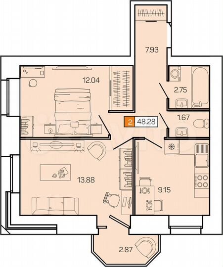 2-к. квартира, 48,3 м², 9/9 эт.