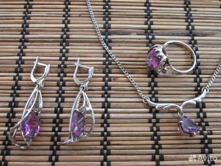 Комплект кольцо серьги колье серебро аметист