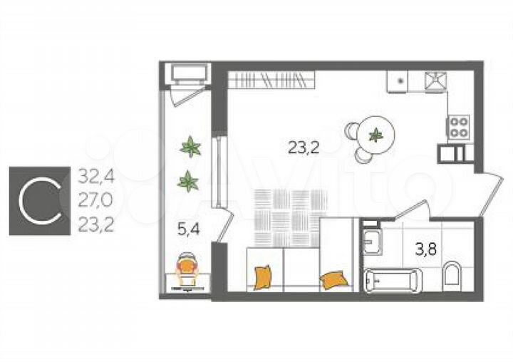 Квартира-студия, 32,9 м², 2/24 эт.