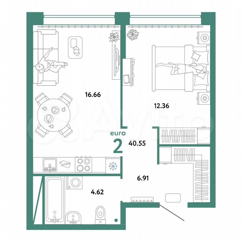 2-к. квартира, 40,6 м², 7/16 эт.