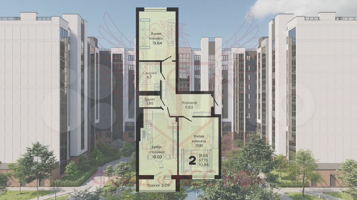 2-к. квартира, 69,3 м², 1/10 эт.