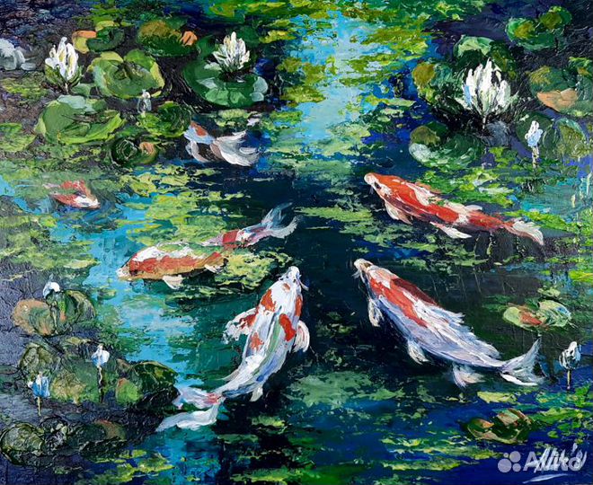 Картина пруд с рыбами Этюд Карпы Кои Лилии Пейзаж