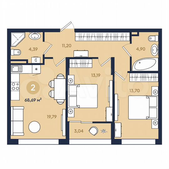 2-к. квартира, 68,7 м², 2/22 эт.