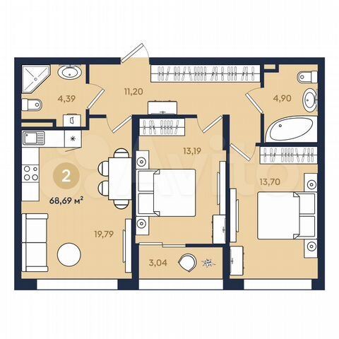 2-к. квартира, 68,7 м², 2/22 эт.