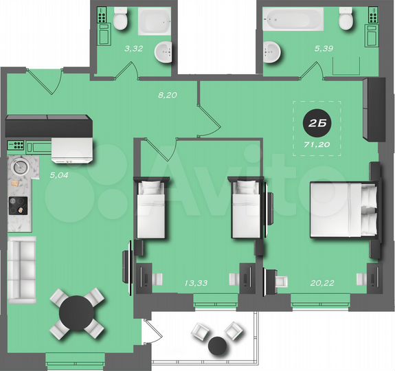 2-к. квартира, 71,2 м², 14/22 эт.