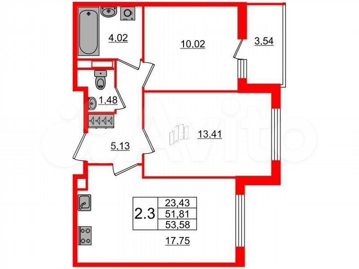 2-к. квартира, 51,3 м², 2/10 эт.