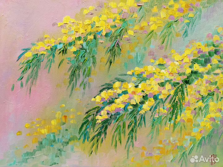 Картина маслом на холсте цветы весенняя мимоза