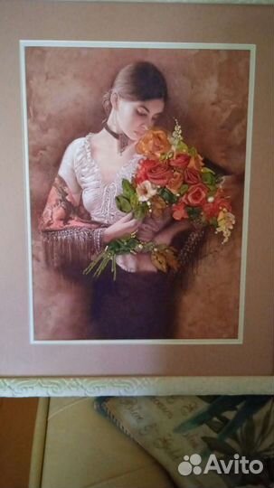 Картина вышитая лентами, бисером и жемчугом