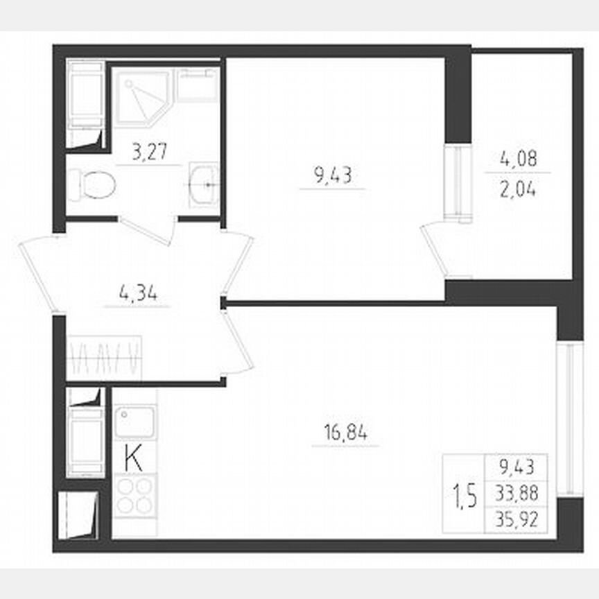 2-к. квартира, 35,9 м², 3/8 эт.