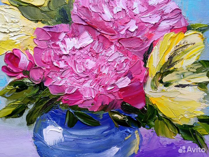 Букет цветов в вазе картина маслом 20 х 20 см