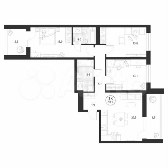 3-к. квартира, 93,9 м², 5/22 эт.