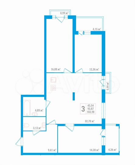 3-к. квартира, 103 м², 3/8 эт.