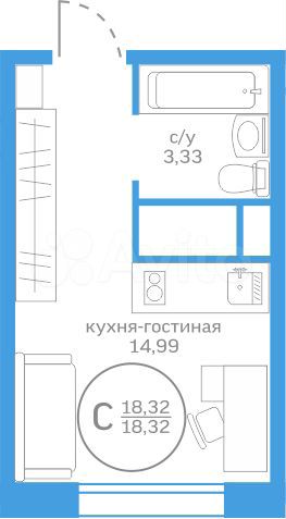 Квартира-студия, 18,3 м², 1/20 эт.