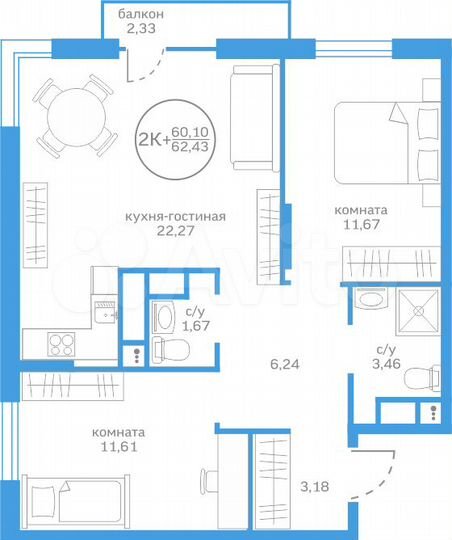 2-к. квартира, 60,1 м², 13/20 эт.