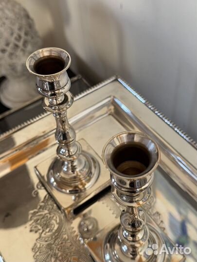 Поднос, подсвечник серебрение антикварные. Англия