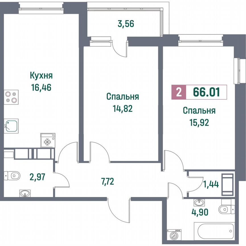 2-к. квартира, 66 м², 4/16 эт.