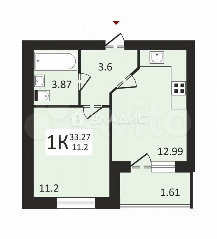 1-к. квартира, 33,3 м², 1/4 эт.