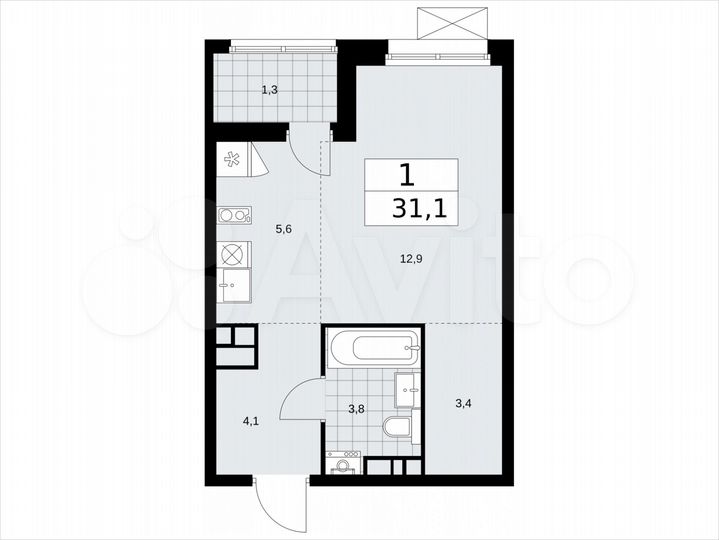 Квартира-студия, 31,1 м², 11/12 эт.