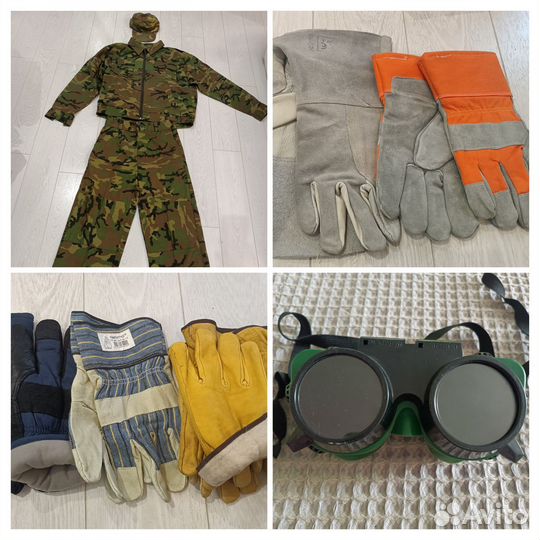 Камуфляжный костюм, краги перчатки рабочие кожаные