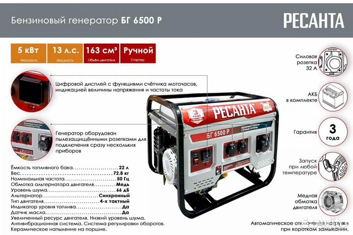 Электрогенератор бг 6500 Э Ресанта (Новый)