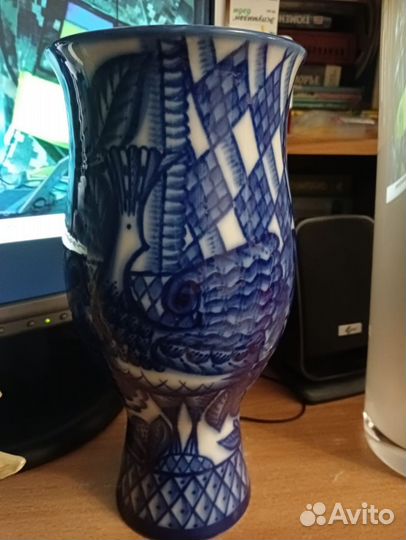 Ваза «синяя птица» фарфор кобальт винтаж