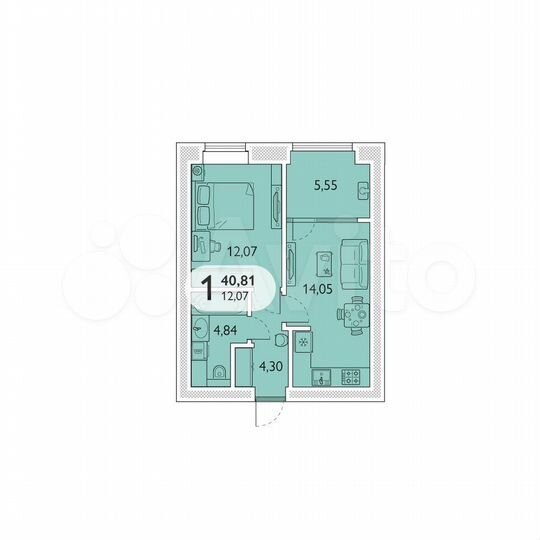 1-к. квартира, 40,8 м², 6/9 эт.