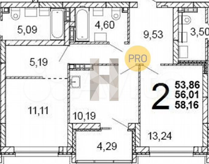 2-к. квартира, 56,3 м², 5/5 эт.