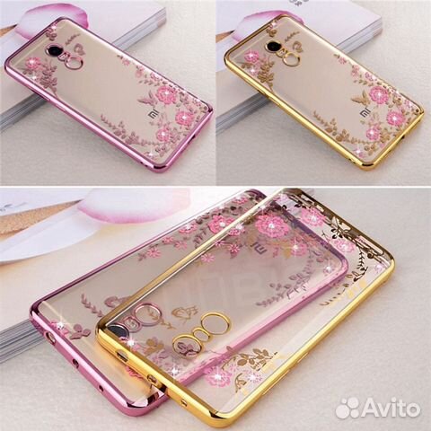 Чехол силиконовый со стразами и цветочками Xiaomi