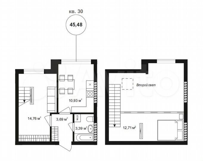 2-к. квартира, 45,5 м², 4/4 эт.