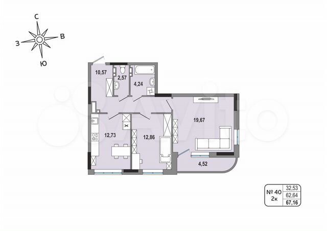 2-к. квартира, 67,2 м², 5/17 эт.