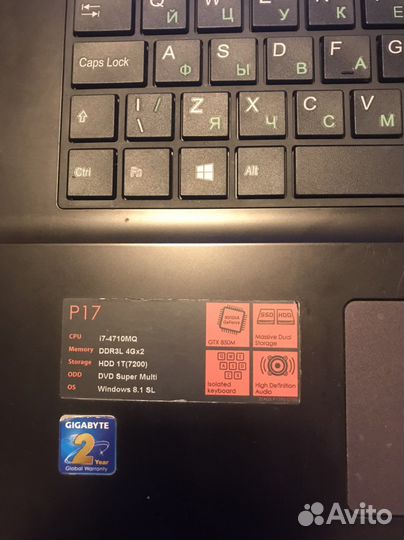 Продам ноутбук Gigabyte P17, i7-4710, 8Гб, 2Гб