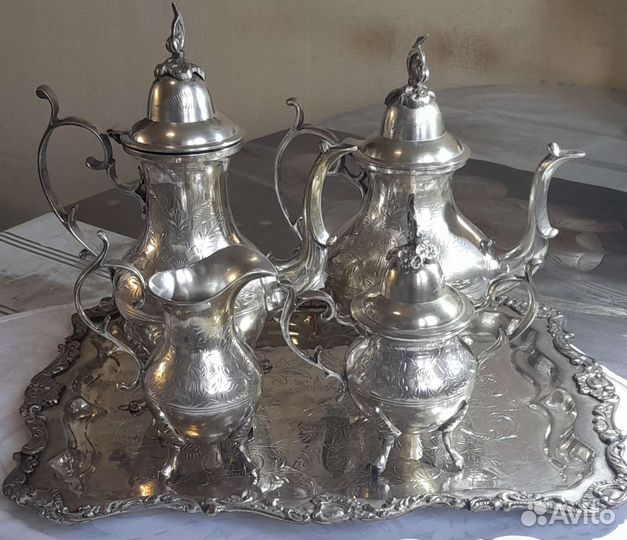 Чайно кофейный сервиз из латунный посеребренный