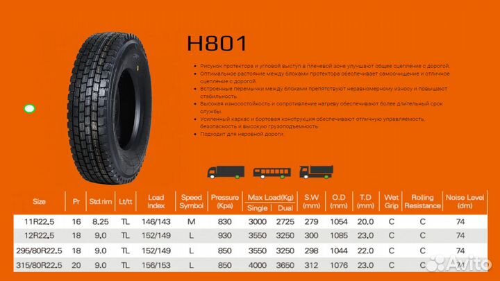 Шины 11R22.5 Hunterroad H801