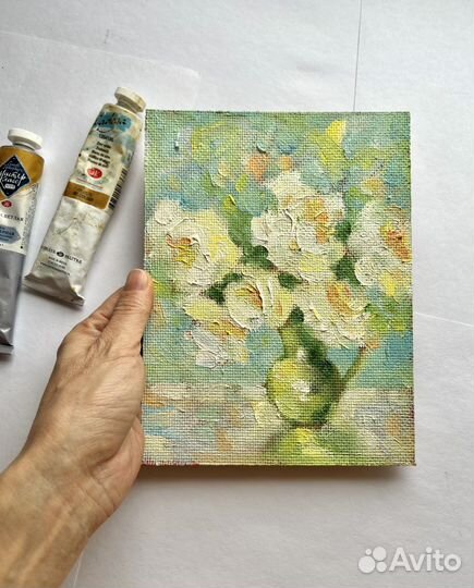 Картина маслом Розы в вазе, 15/20 см