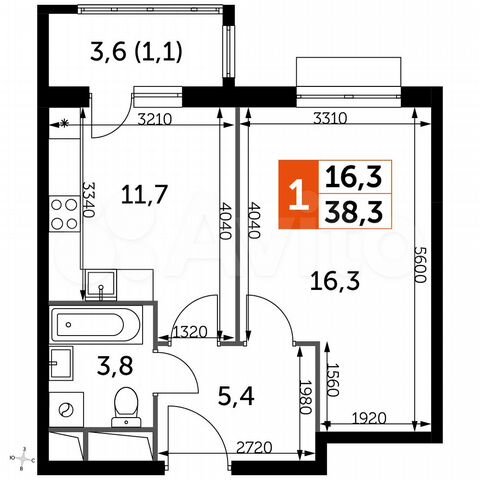 1-к. квартира, 38,3 м², 2/16 эт.