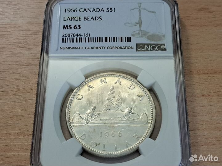 1 доллар Канада 1966 г., серебро, слаб NGC