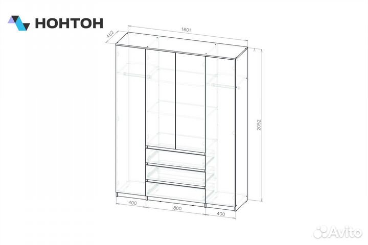 Шкаф 4-х створчатый с ящиками Эккервуд белый текстурный