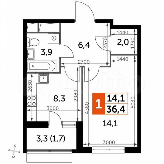 1-к. квартира, 36,4 м², 3/3 эт.