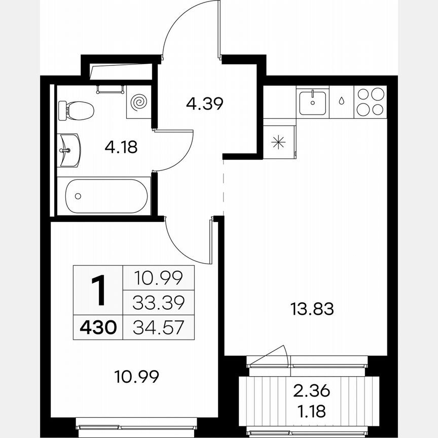 1-к. квартира, 34,6 м², 3/9 эт.
