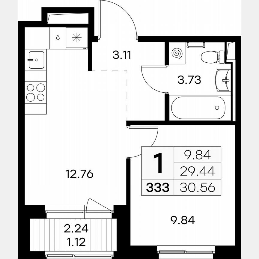 1-к. квартира, 30,6 м², 5/9 эт.