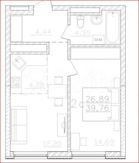 2-к. квартира, 39,8 м², 4/27 эт.