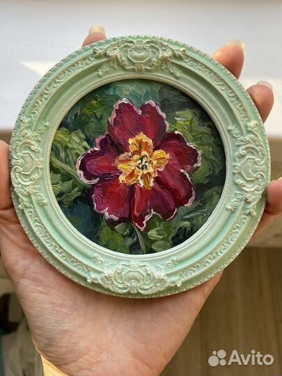 Картина примула Миниатюра цветы маслом в рамке