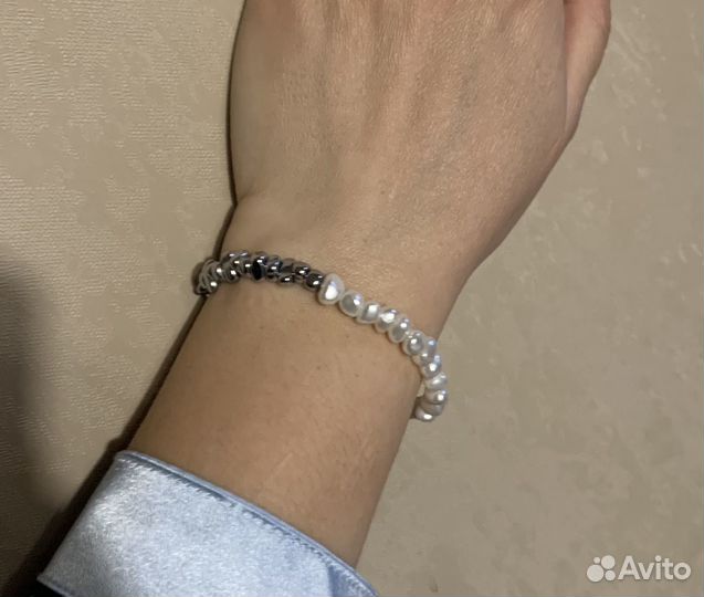 Браслет жемчуг майорка и натуральный гематит