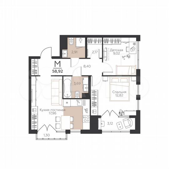 2-к. квартира, 58,9 м², 1/5 эт.