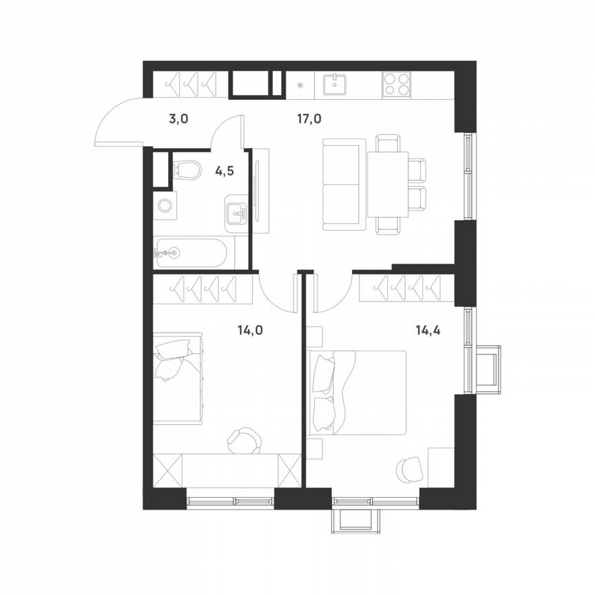2-к. квартира, 52,9 м², 16/17 эт.