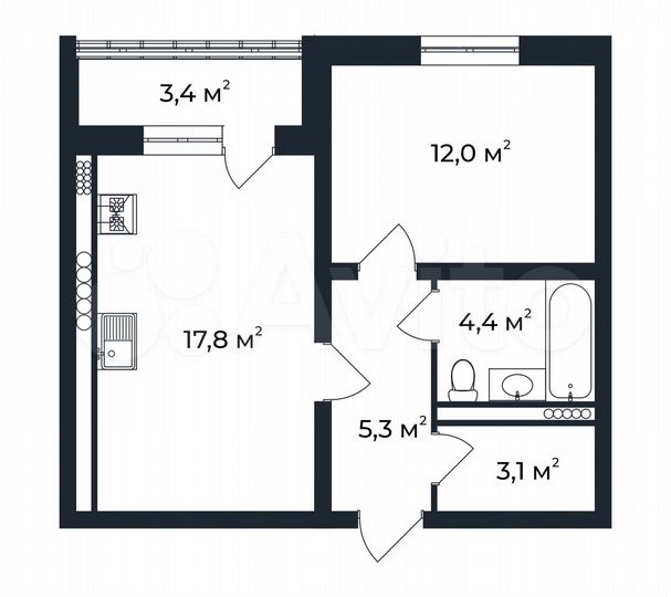 1-к. квартира, 44,3 м², 3/5 эт.