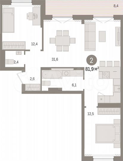 2-к. квартира, 81,9 м², 9/9 эт.