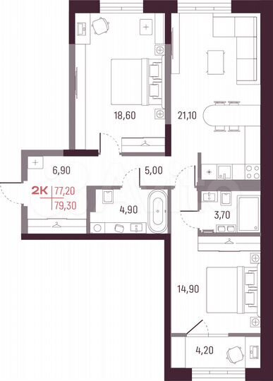 2-к. квартира, 77,2 м², 4/25 эт.