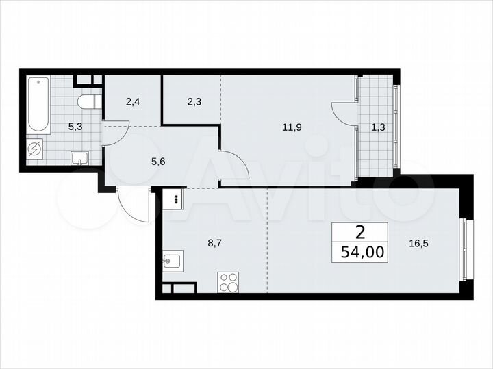 2-к. квартира, 54 м², 15/16 эт.